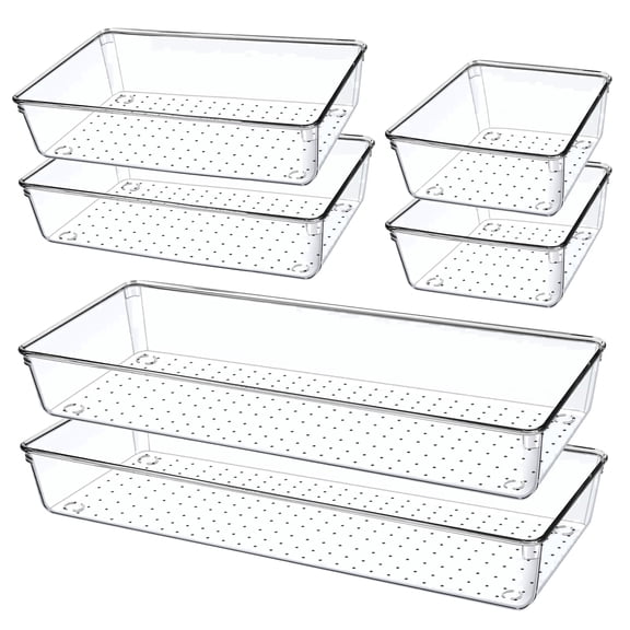HAIDAIYA 6 Pack Clear Drawer Organizer Bins, 3 Sizes Desk Stackable Plastic Storage Containers, Makeup Organization Tray for Vanity, Kitchen, Bathroom