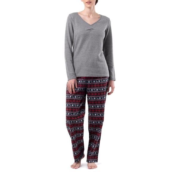 Fruit of the Loom Women's and Women's Plus Beyond Soft Long Sleeve Waffle Top and Flannel Pajama Bottom Set, 2-Piece