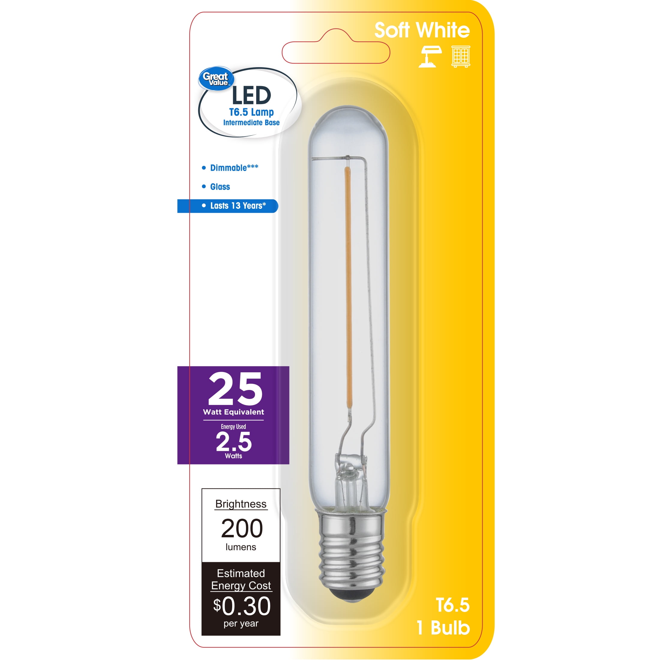 (2 pack) Great Value T6.5 LED Tubular Bulb, 2.5-Watt (25W Equivalent) Dimmable Soft White E17 Base , 1 Pack