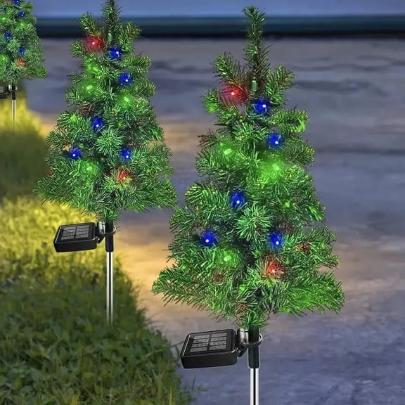 2-Pack Solar LED Christmas Trees 120 Lights, Color Changing Mini Outdoor Pathway Decor with Automatic Charging for Yard Garden Porch, White