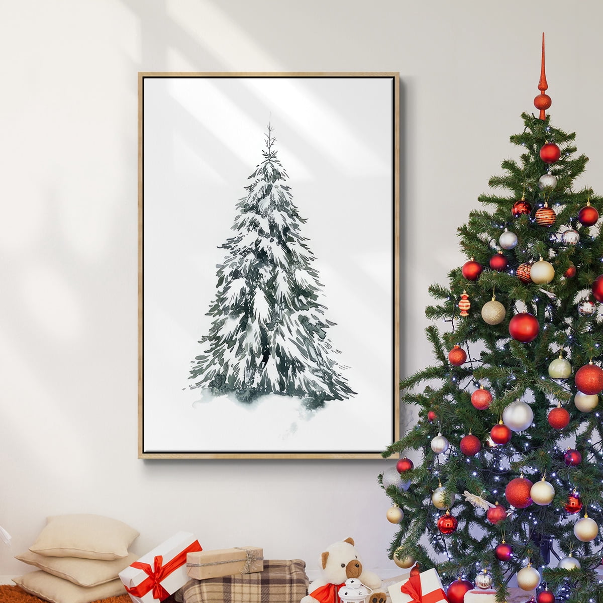 Blue Spruce II - Framed Gallery Wrapped Holiday Canvas - 17 x 25 - Natural Wood Frame