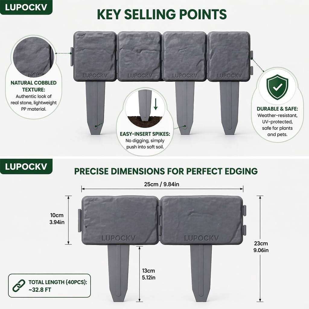 Imitation Stone Garden Fence Plastic Retaining Edging Border Grey Cobbled Effect Landscape Decor Interlocking Decorative Panels Flower Bed Path Lawn Outdoor Picket Yard Grass Edge(Gray,10pcs)