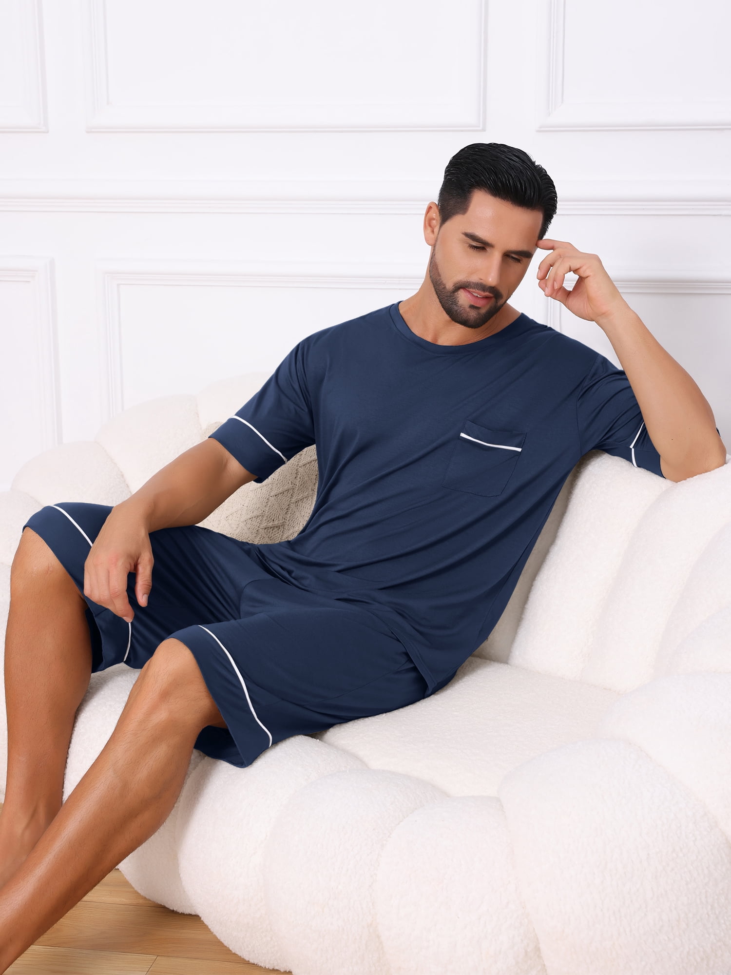 DARING DIVA Men's Soft Nightwear Summer Crew Neck Pajama Set with Pockets L Dark Blue