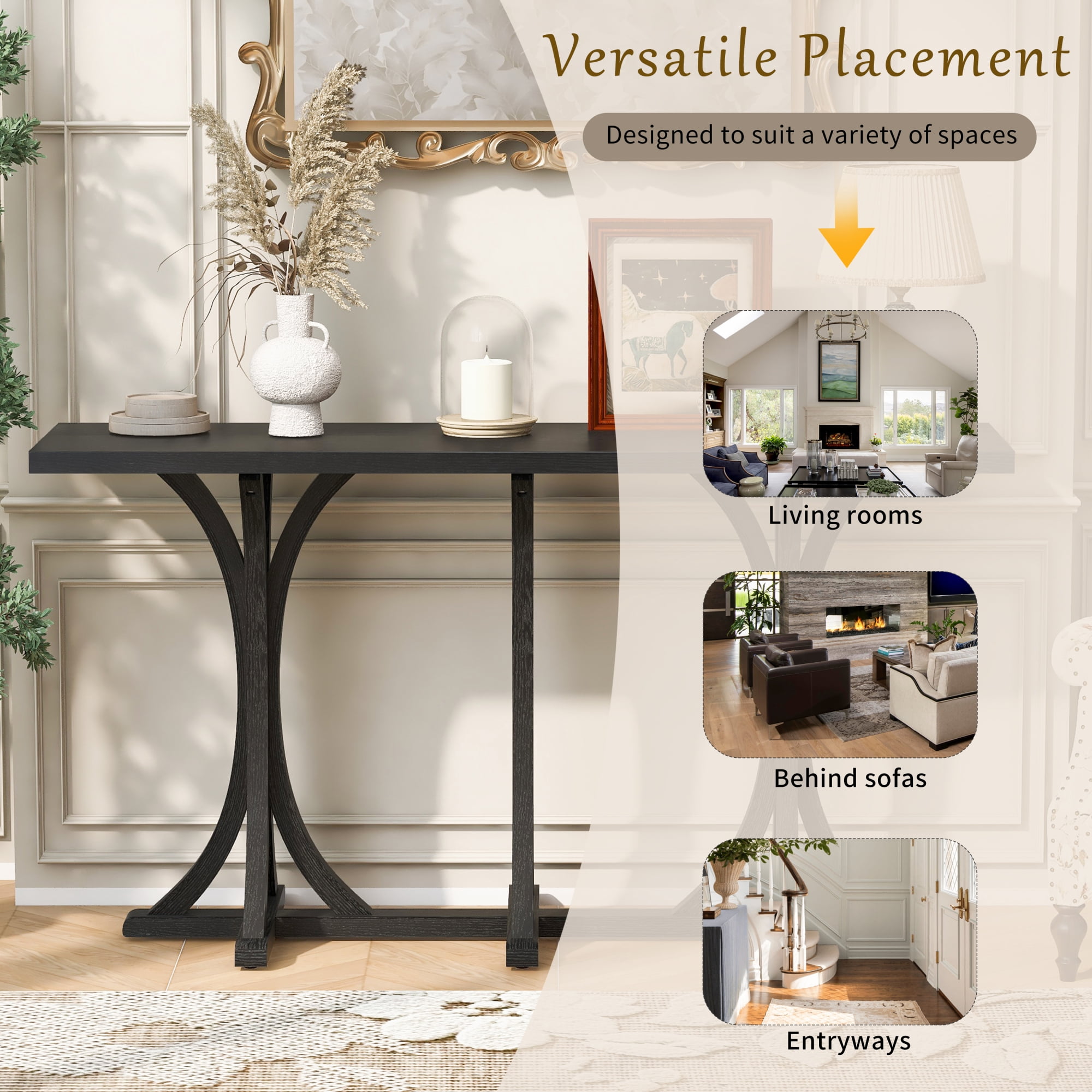 HOQBN 59.8'' Wooden Console Table,Farmhouse Entryway Table with Wood Legs for Living Room,Entryway,Hallway, Dining Spaces,Black