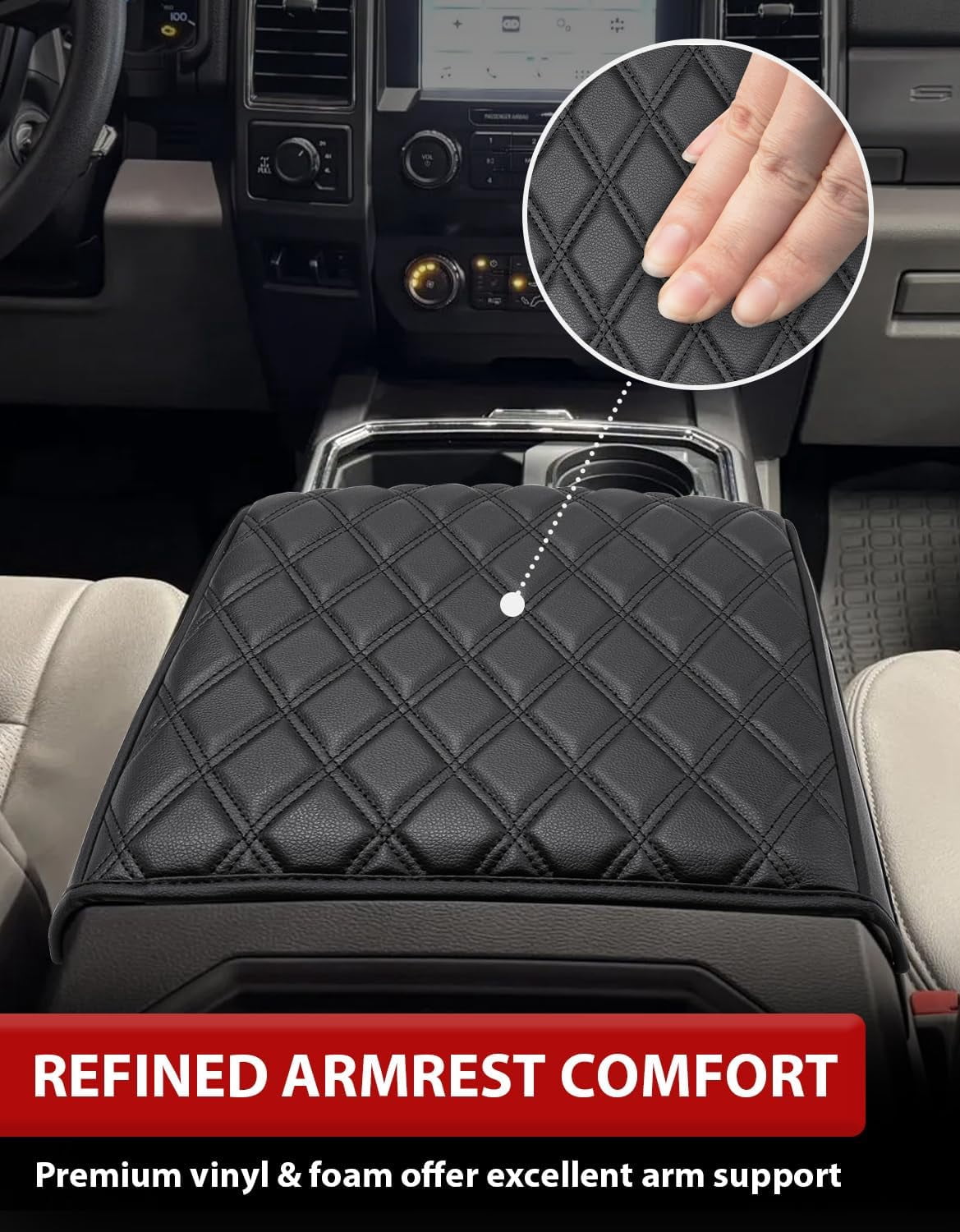 KBH Center Console Cover for 2015-2020 Ford F150, 2017-2022 F250 F350 F450 F550, 2018-2024 Expedition Accessories, PU Leather Armrest Cover Protector (Bucket Seat Only)