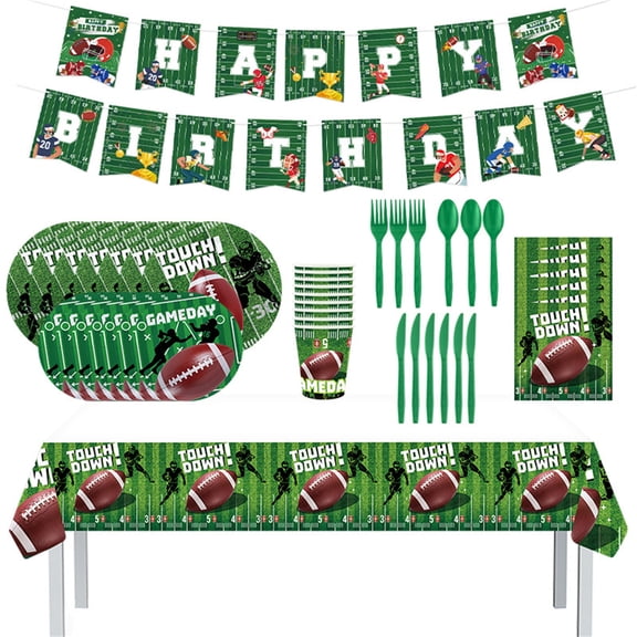 American Football Theme Birthday Party Supplies, 24-Pack Disposable Plates Cups Napkins Utensils Tablecloth Banner For 24 People, Party Decor Set For Sports Themed Celebrations -