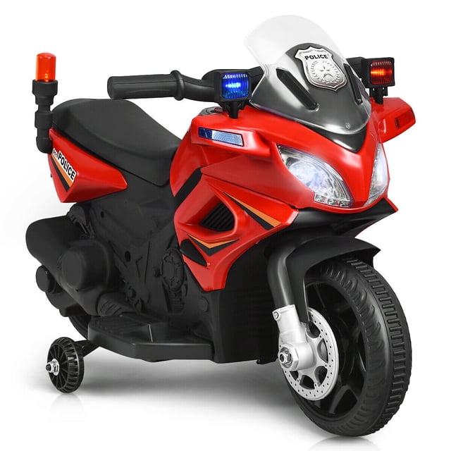 Costway 6V Kids Ride On Police Motorcycle 4-Wheel Electric Toy w/ Training Wheels Red