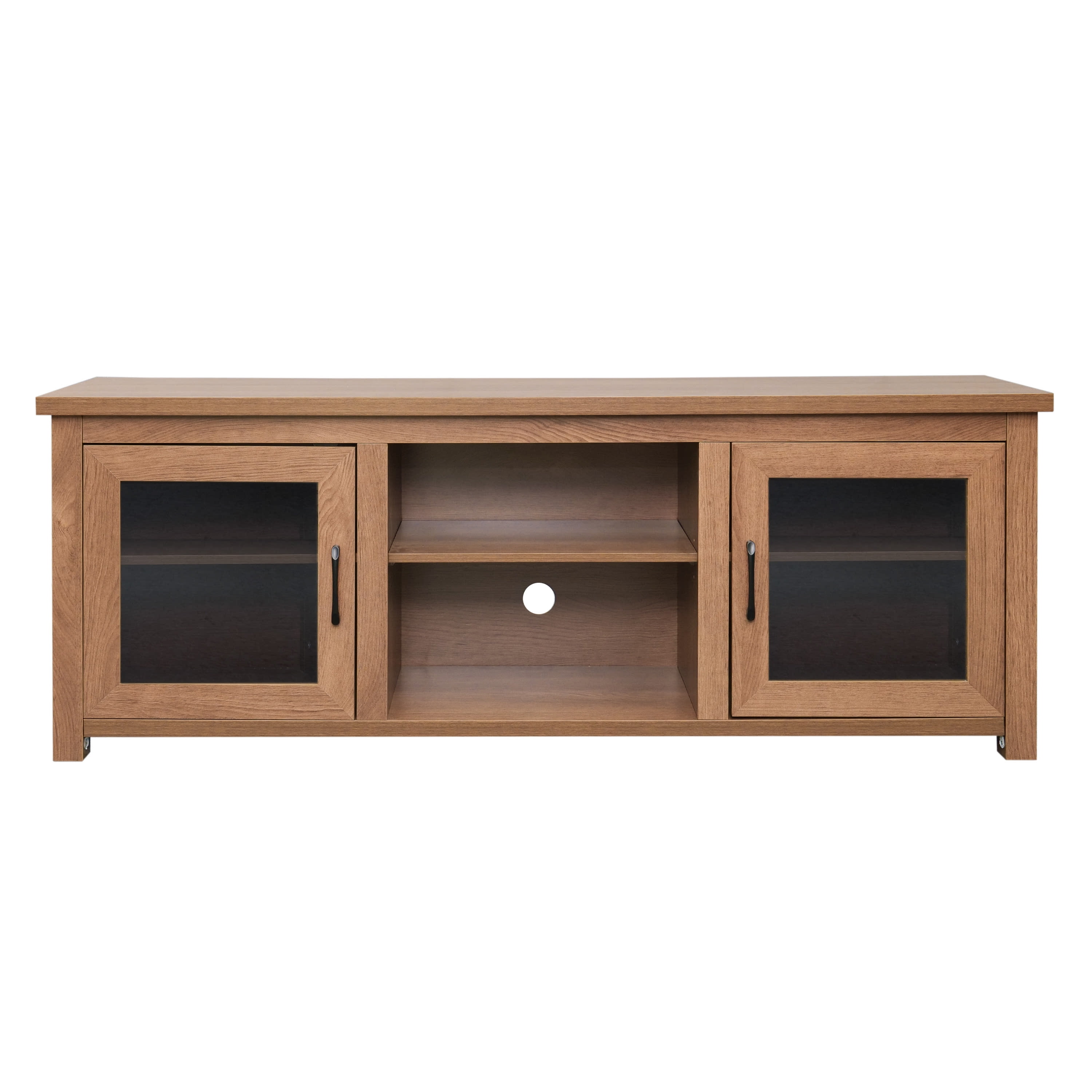 BizChair Sheffield Classic TV Stand for up to 80" TVs - Modern Walnut Finish with Full Glass Doors - 65" Engineered Wood Frame - 3 Shelves