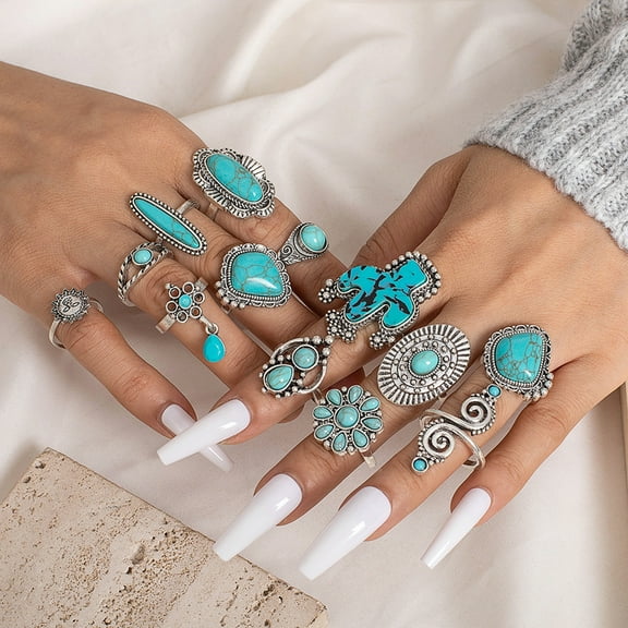 SmartBy 14Pcs/Set Vintage Bohemian Open End Adjustable Ring Set Cactus Sun Shape Faux Turquoise Knuckle Rings Fashion Jewelry Gift