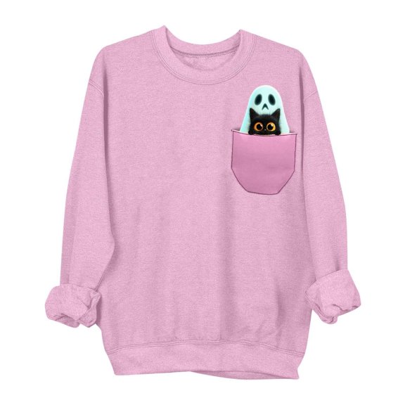 QINGFSAP Womens Halloween Sweatshirt Crewneck Long Sleeve Pullover Top Patched Pocket Rolled Cuff Graphic Print Sweatshirt