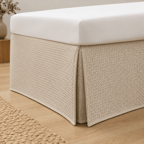 Pleated Waffle Weave Bed Skirt Tailored Dust Ruffle 12 Inch Drop Easy Fithine Washable No Split Corners (beige - 12" Drop)