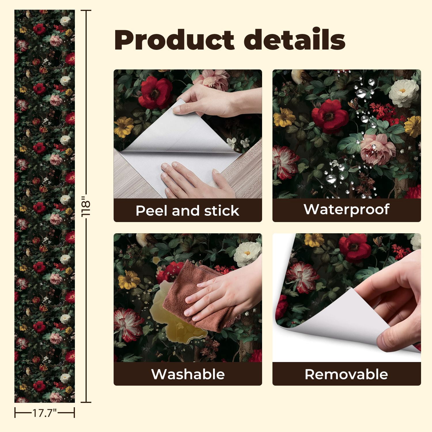 Peel and Stick Wallpaper Vintage Floral Vibrant Blossoms Birds Wall Mural 17.7in x 9.8ft Self Adhesive Removable Wall Paper Renter Friendly Wallpaper for Nursery Bedroom Cabinets