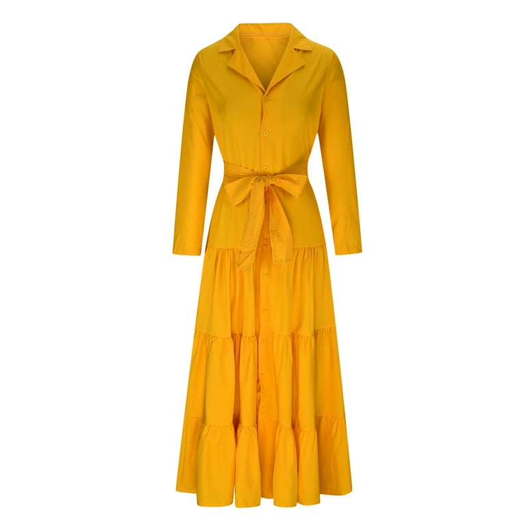 Mrat Women's Cocktail Dresses Womens Fashion Spring/Summer New Women's Multi  Color Combination Dress with Belt Women Dresses for Church S-649 Yellow S