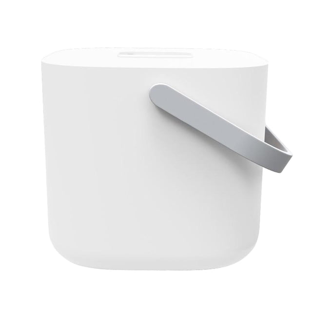 limpiador ultrasónico para limpieza de ropa interior ropa de bebé fruta vegetal blanco lavadora ultrasónica portátil de 8 L, vista frontal centrada de carcasa blanca redondeada con asa plegable gris, plástico liso y tapa superior, dimensiones 200x200x200 mm, apto para ropa delicada y accesorios pequeños como joyería en viajes.