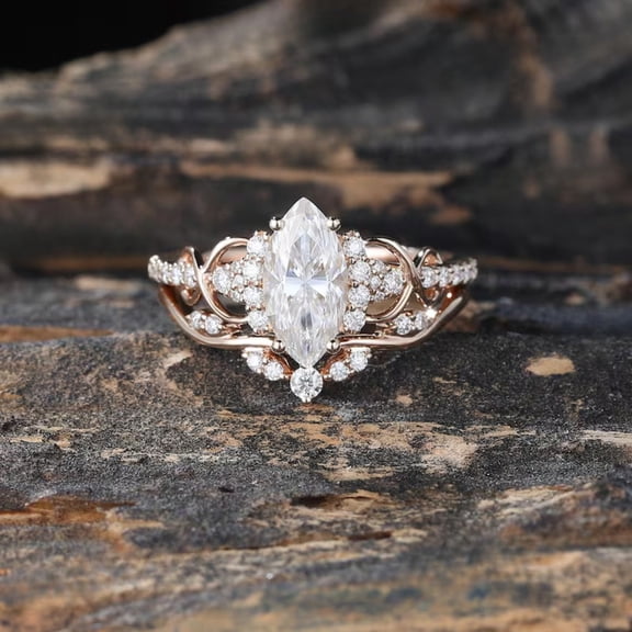 Marquise Cut Simulated Diamond Engagement Ring in 14K Rose Gold Vermeil – Vintage Floral Halo Ring for Women – Handmade Bridal Jewelry