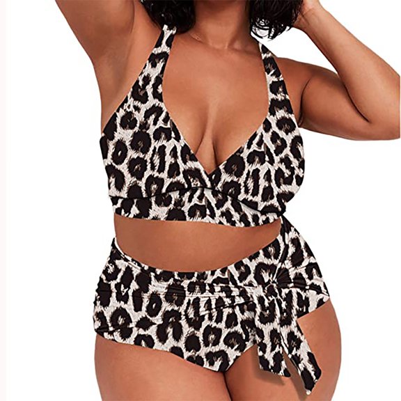 Viikei Bikini Set Swimwear for Women Summer Plus Size 2 Piece Fashion High Waist Leopard Printing Split Swimsuits