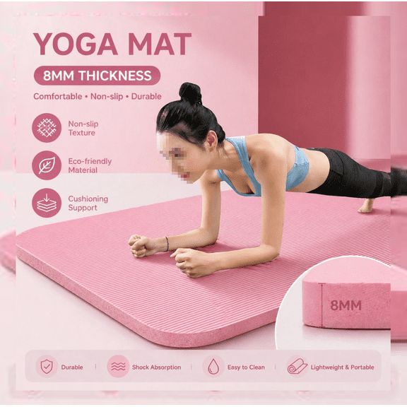 Pink 8mm Thick TPE Yoga Mat 1pc, 185×61cm Non Slip Textured Exercise Mat, Eco-Friendly Shock Absorbing Cushioned Fitness Mat for Yoga, Pilates, Stretching, Home Gym Workout for Men & Women