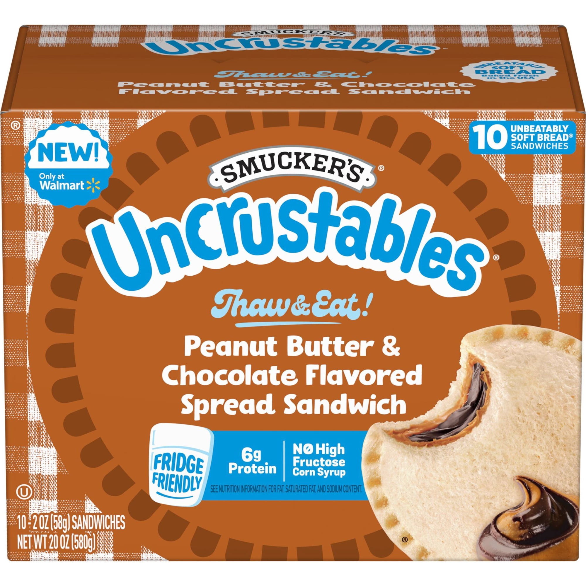 Smucker’s Uncrustables Peanut Butter and Chocolate Flavored Hazelnut Spread Sandwiches, 10 Count, 1.8 oz Each, Frozen