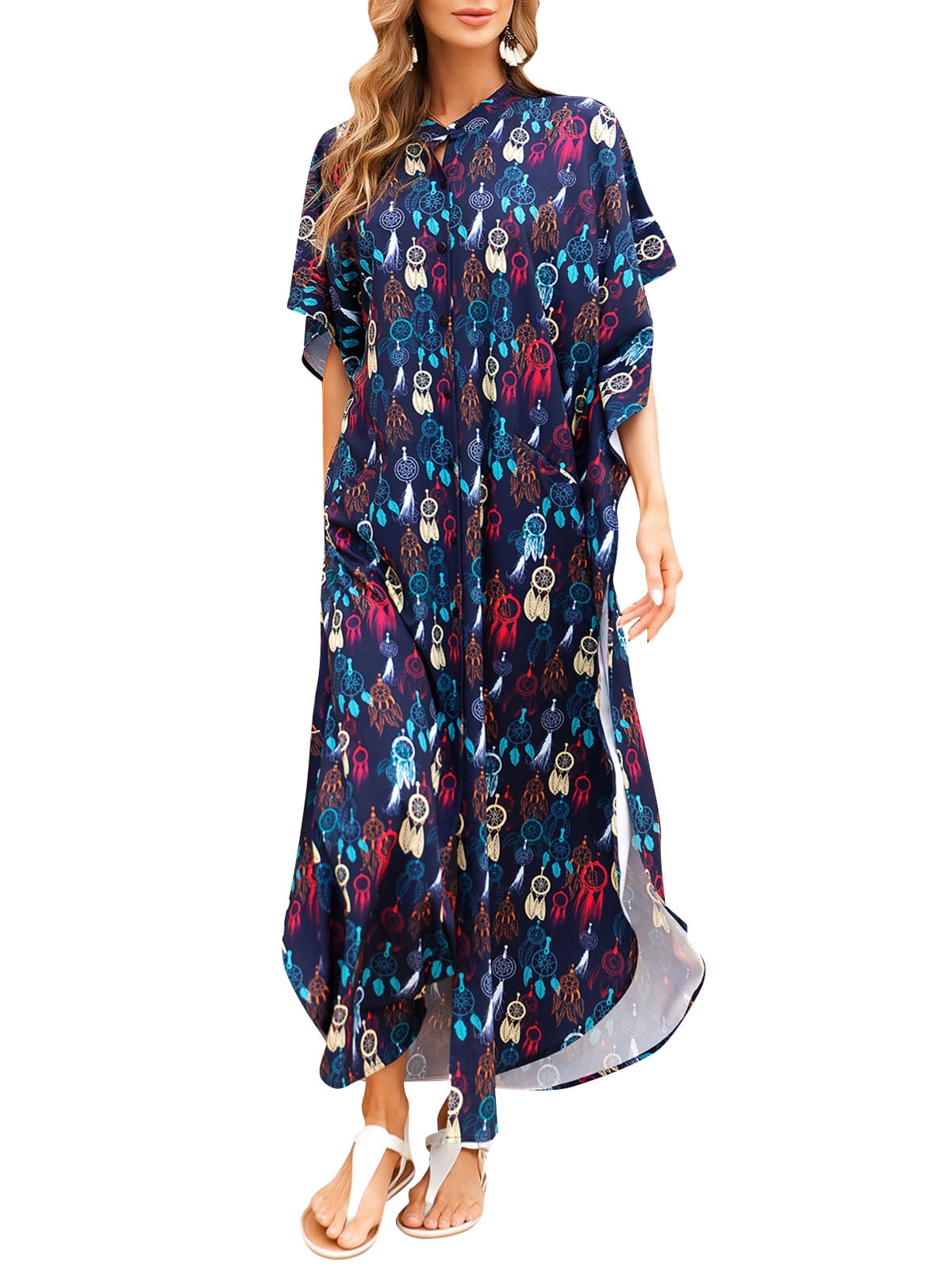Women Loose Maxi Dress Buttons Shirt Dress with Pockets Beach Robe