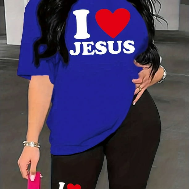 Conjunto De Dos Piezas Con Estampado De I Love Jesus Camiseta Informal De Manga Corta Con Cuello Redondo Y Pantalones Cortos De Motociclista