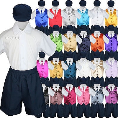 

Navy Boy Toddler Formal Vest Shorts Suit Satin Vest Necktie Hat 5PC Set sz S-4T