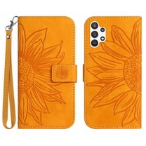 Mantto for Samsung Galaxy A32 5G 6.5 inch Wallet Case with Wrist Strap,Stylish Sunflower Embossed PU Leather Shockproof Protective Magnetic Clasp Flip Stand Card Slots Phone Cover,Yellow