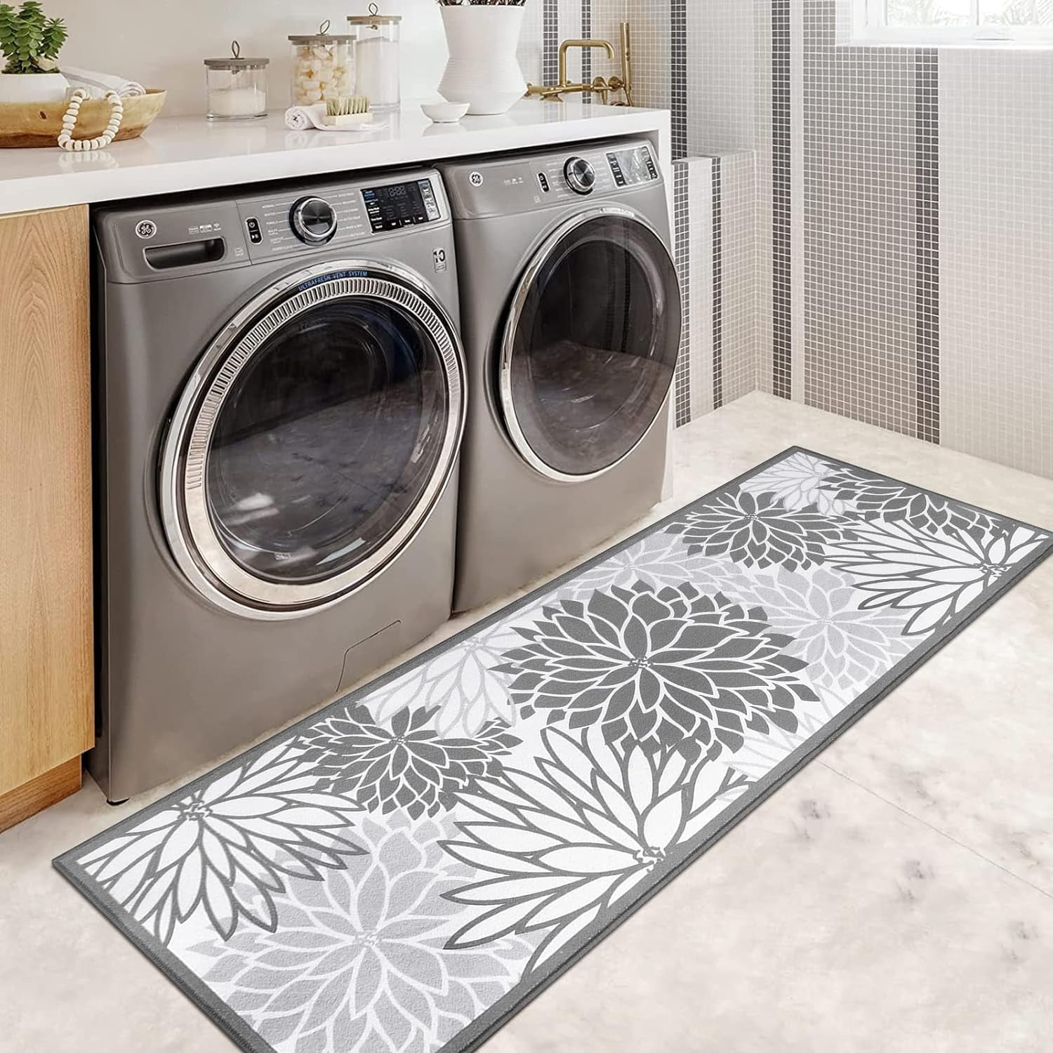 Runner Rugs for Hallway, Yamaziot 2'x6' Laundry Room Rug Mat, Washable Non Slip Kitchen Rugs and Runners, Bathroom Floor Carpet, Gray