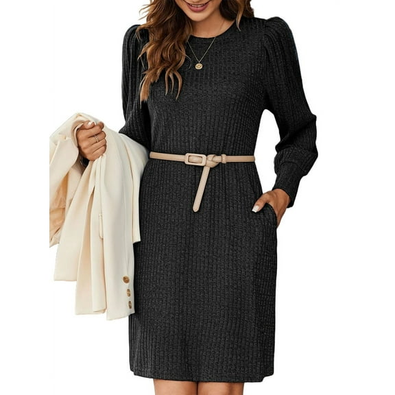 Women'S Knit Dress with Puff Sleeves for Fall and Winter Round Neck Casual Tunic Dress Black M