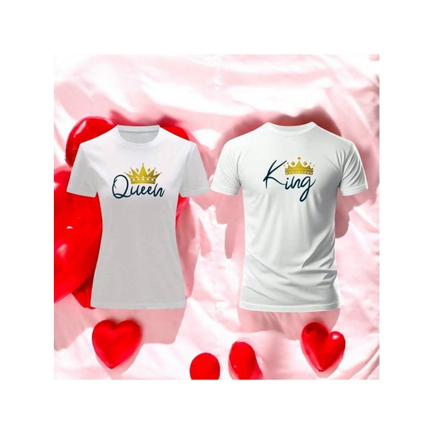 Playera En Duo Para Parejas De Queen y King 14 De Febrero San Valentin Color Blanco Talla Chica Marca Emil SaEs