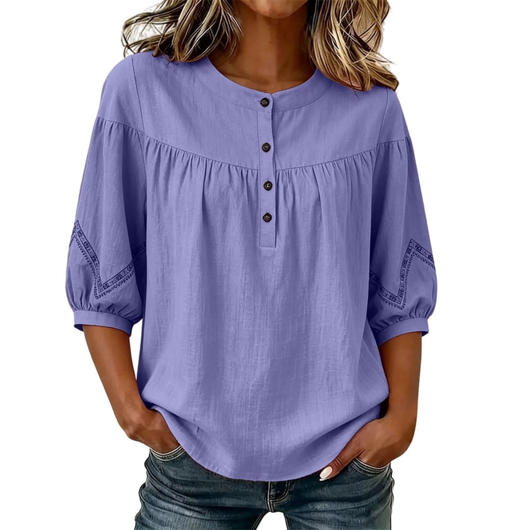 Lopecy-Sta Women's Top Stand Neck Partial Placket Peasant Balloon