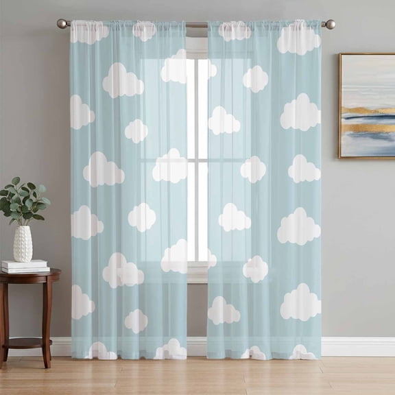 Clouds Sheer Curtains 63 Inch Length 2 Panels Set, Cartoon Blue Sky Minimalist Aesthetic Voile Window Treatment Rod Pocket Curtains Sheers Drapes for Bedroom/Living Room/Kitchen 52x"63"x2