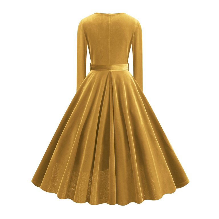 LYEAA Semi Formal Dresses for Women Long Sleeve Midi Dress Flowy Elegant Homecoming  Dress A-line Solid Color Belted Dress 1950s Vintage Holiday Party Dress  Ball Gown Wedding Guest Dress Yellow XXL -