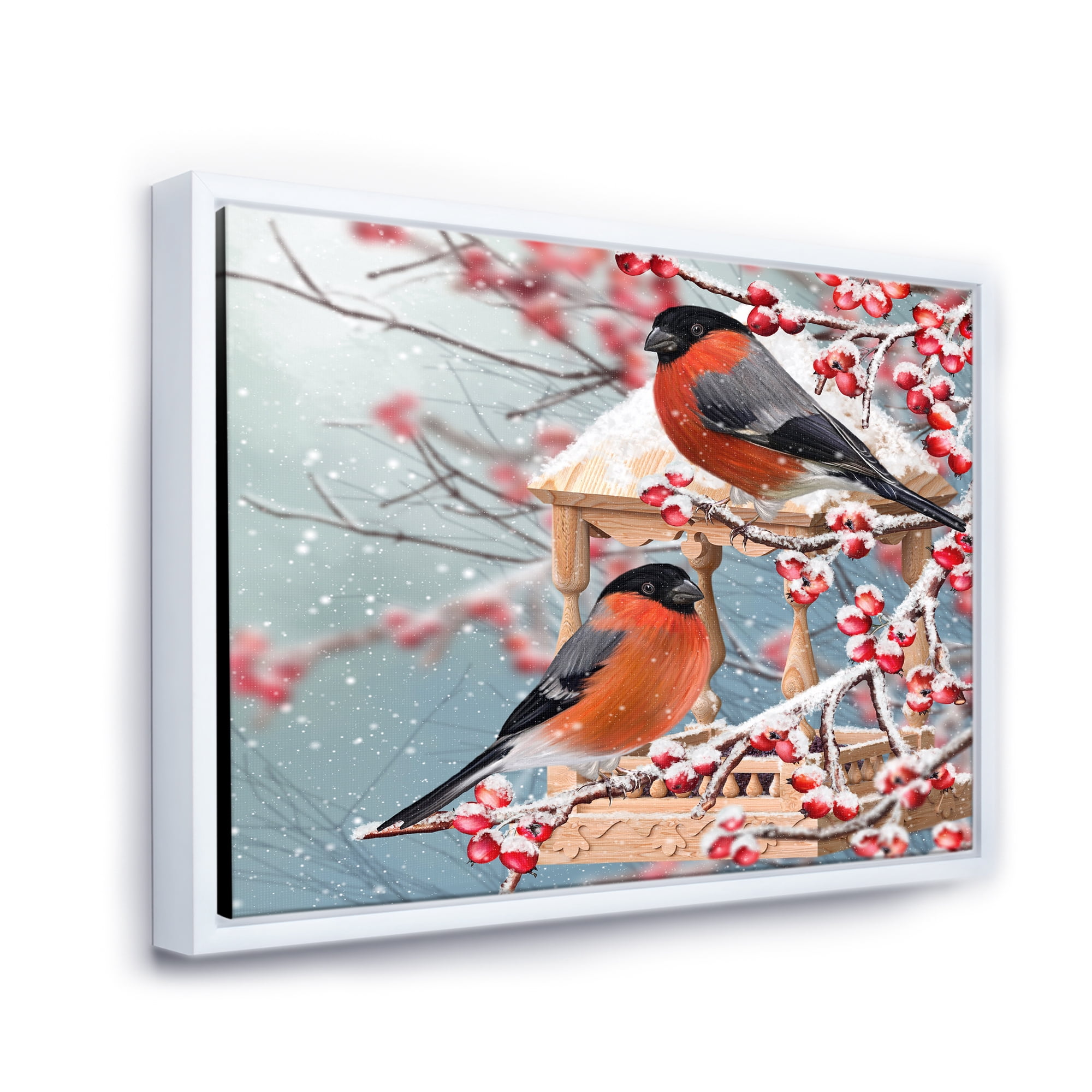 Designart 'Two Tits Sit On A Snow-Covered Berries Branch ' Traditional Framed Canvas Wall Art Print