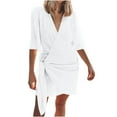 thumbnail image 2 of Under $20 Summer Dresses Plus Size, Women's Solid Color Spring/summer Short Sleeved V-neck Easy Breezy Linen Knotted Wrap Mini Dress(White,XL), 2 of 9