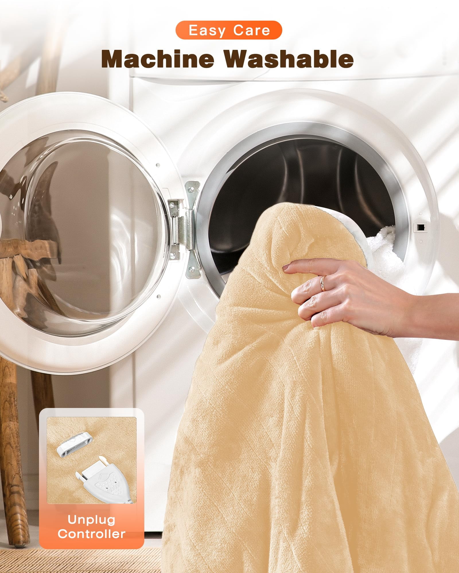 Ocuuziisu Electric Throw Blanket with Pockets and Hood, 50" x 70" Flannel and Sherpa Electric Wrap, 6 Heating Levels, 4-Hour Auto Shut Off, Machine Washable, Beige