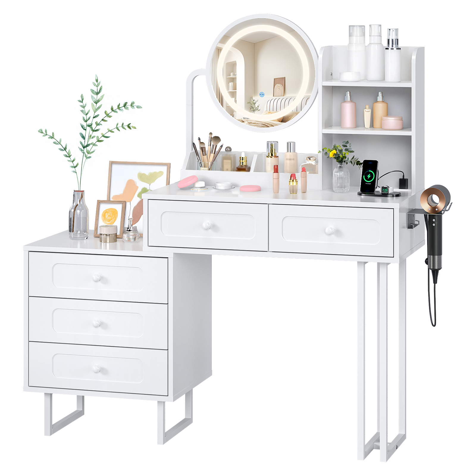Ktaxon Lighted Makeup Vanity, Vanity Table Set w/ Charging Station, Hair Dryer Rack, White