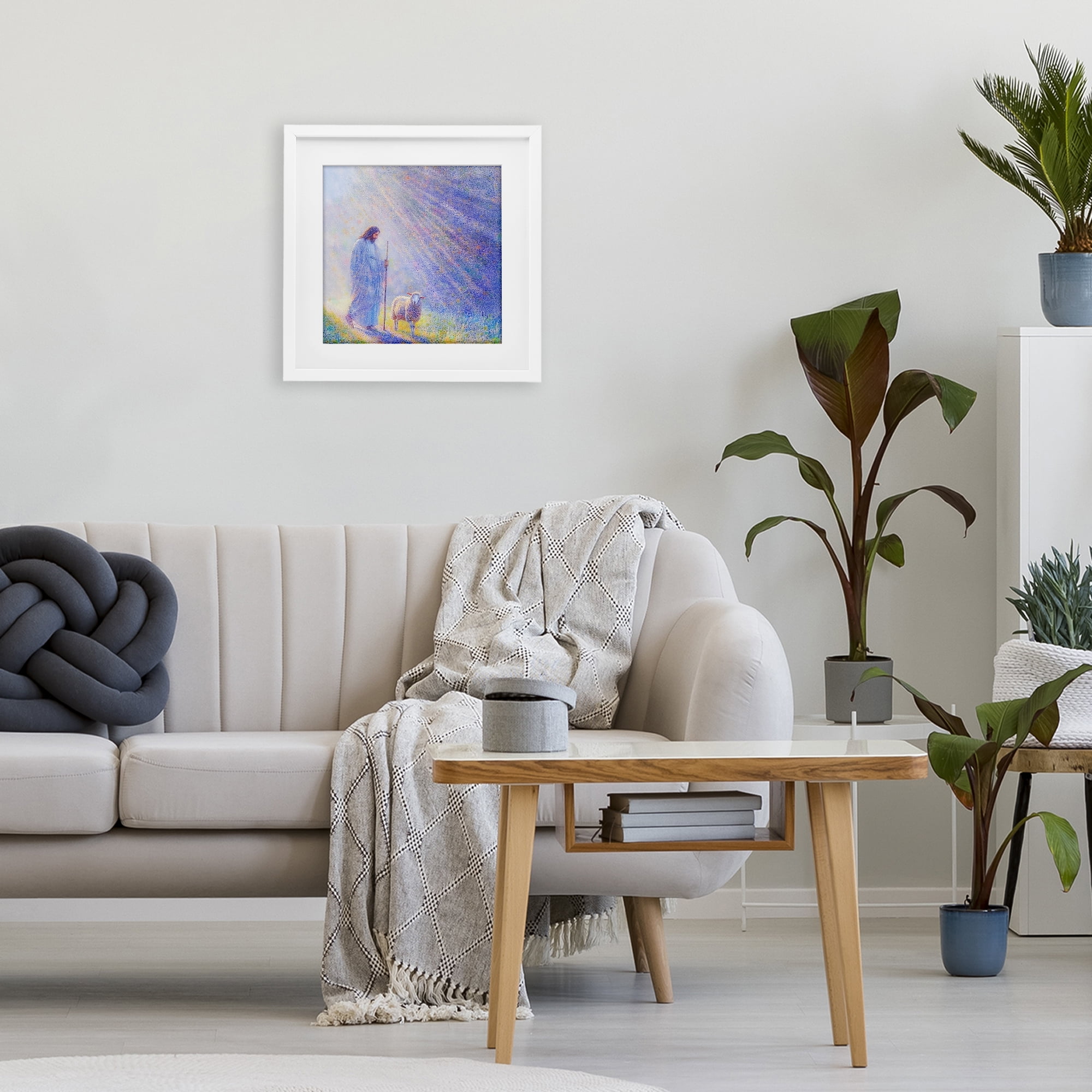 Guiding Light Shepherd White Framed Print Under Glass, design by Ivan Guaderrama