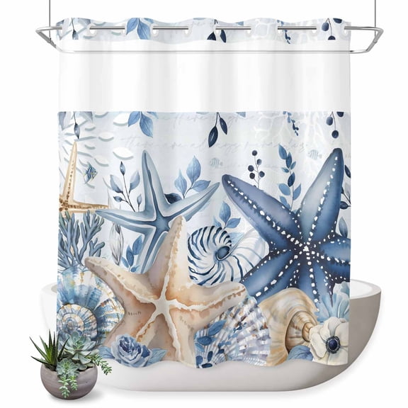 No Hook Shower Curtain, Blue Starfish Coastal Shower Curtains for Bathroom with See Through Top Window, Eucalyptus Summer Nautical Shell Waterproof & Washable Bath Curtain 66"x72"