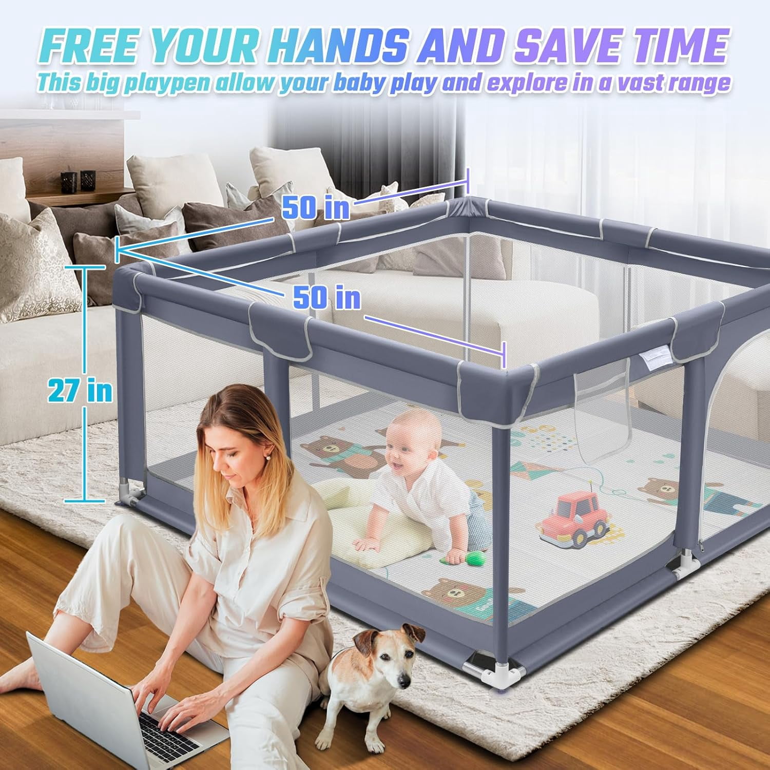 kmaier Baby Playpen , Large Indoor and Outdoor Play Yards, 360° Visibility , for Toddler-Grey