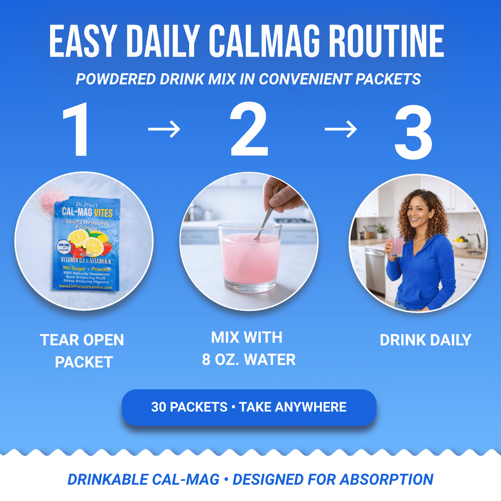 Dr. Price’s Cal-Mag Vites – Strawberry Lemon Flavor, 30 Packets | Calcium & Magnesium Powder with Vitamins C, D3 & K | Sugar-Free Calming Drink Mix