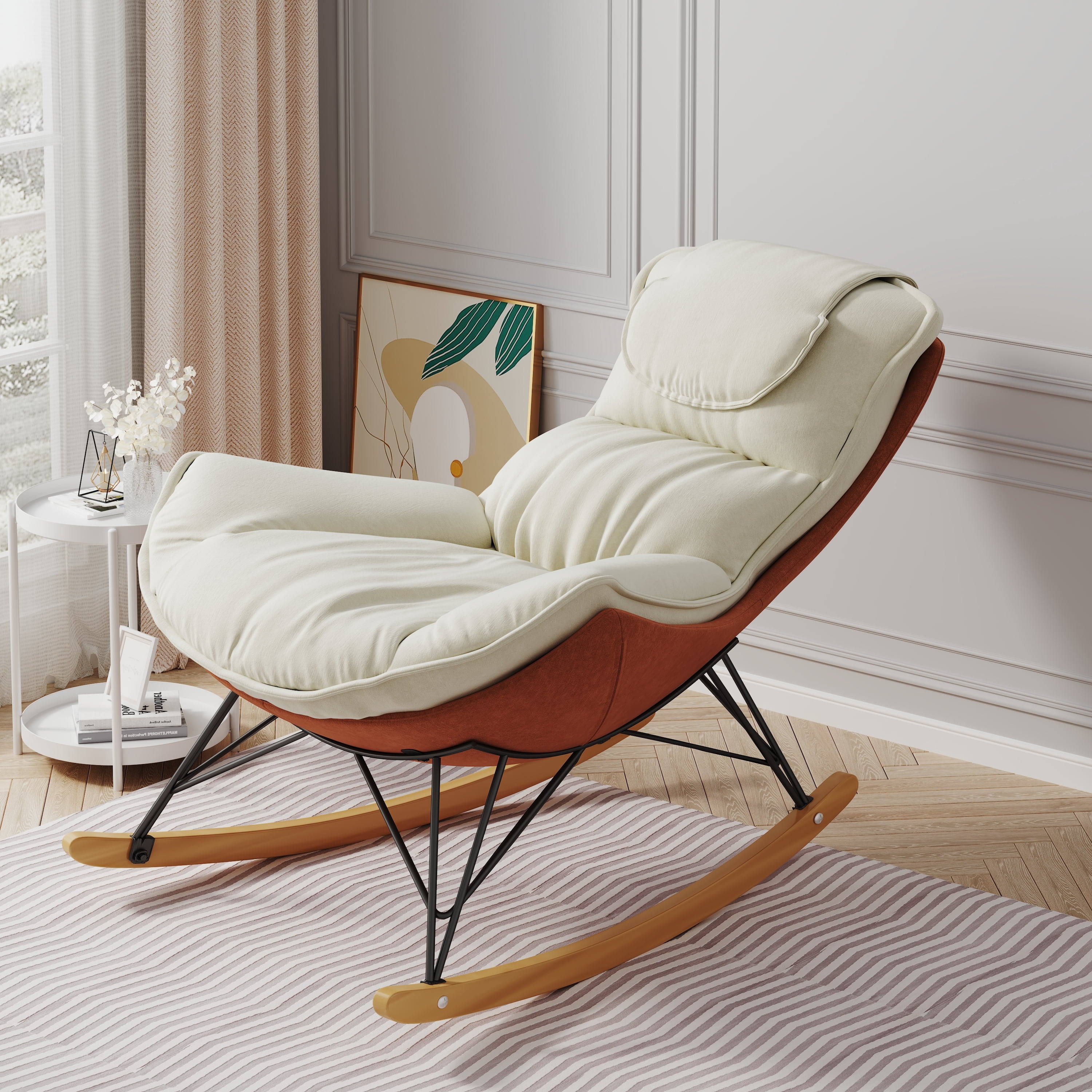 Lunale Upholstered Rocking Chair, Leisure Glider Rocker For Living Room, White Velvet