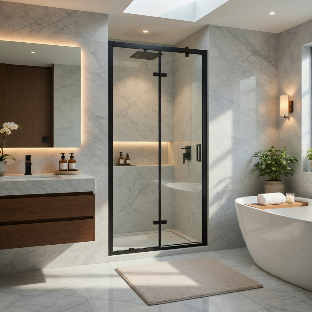 Hommoo Framed Bi-Fold Pivot Shower Door 32" x 72", Aluminum Frame, 1/4" Tempered Glass, Reversible Left/Right Installation, Space-Saving Folding Shower Enclosure, Black & Transparent