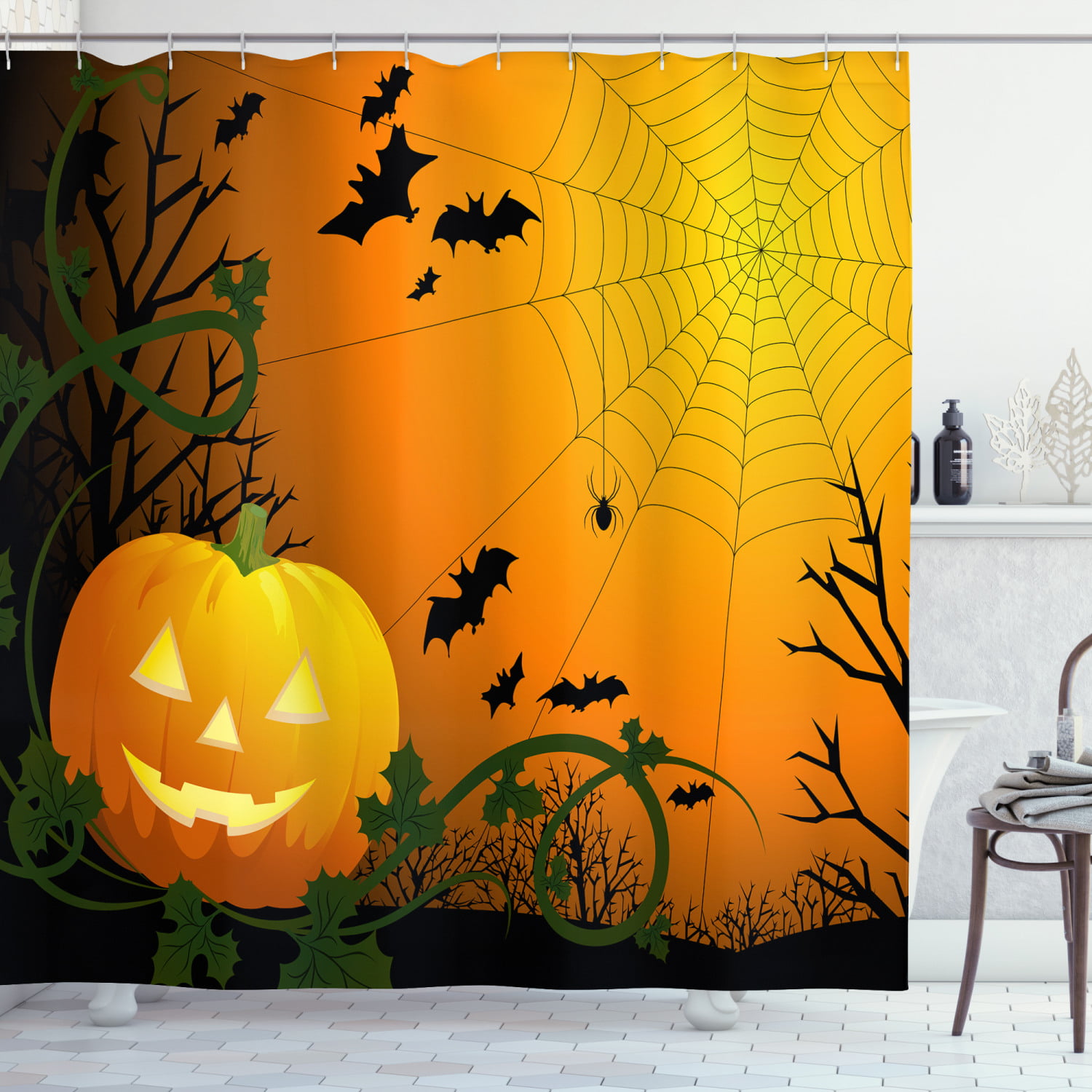 Spider Web Shower Curtain, Halloween Themed Composition with Pumpkin ...