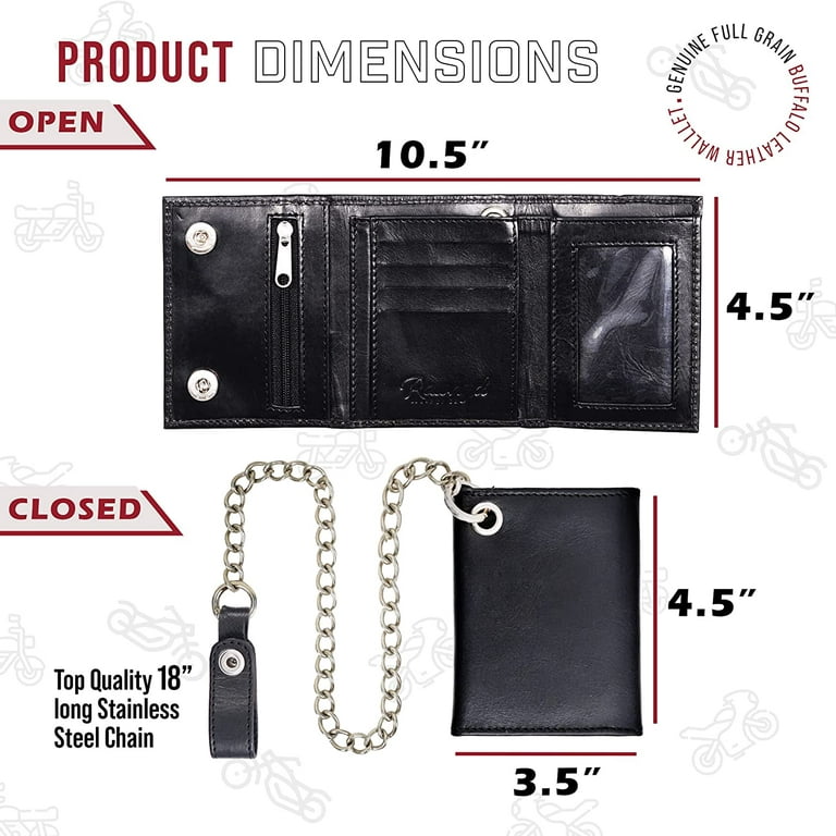 Trifold Chain Wallets for Men w/ Snap Closure - Mens Chain Wallet w/ ID Slot & Zipper Pocket – 100% Genuine Black Leather Wallet - Men Trifold
