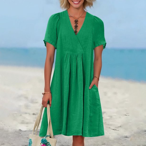 WILLBEST Vestidos De Mujer, Novedad De Verano, Vestido Plisado Informal Holgado A La Moda Retro Y De Lino Con Manga Corta Y Cuello En V