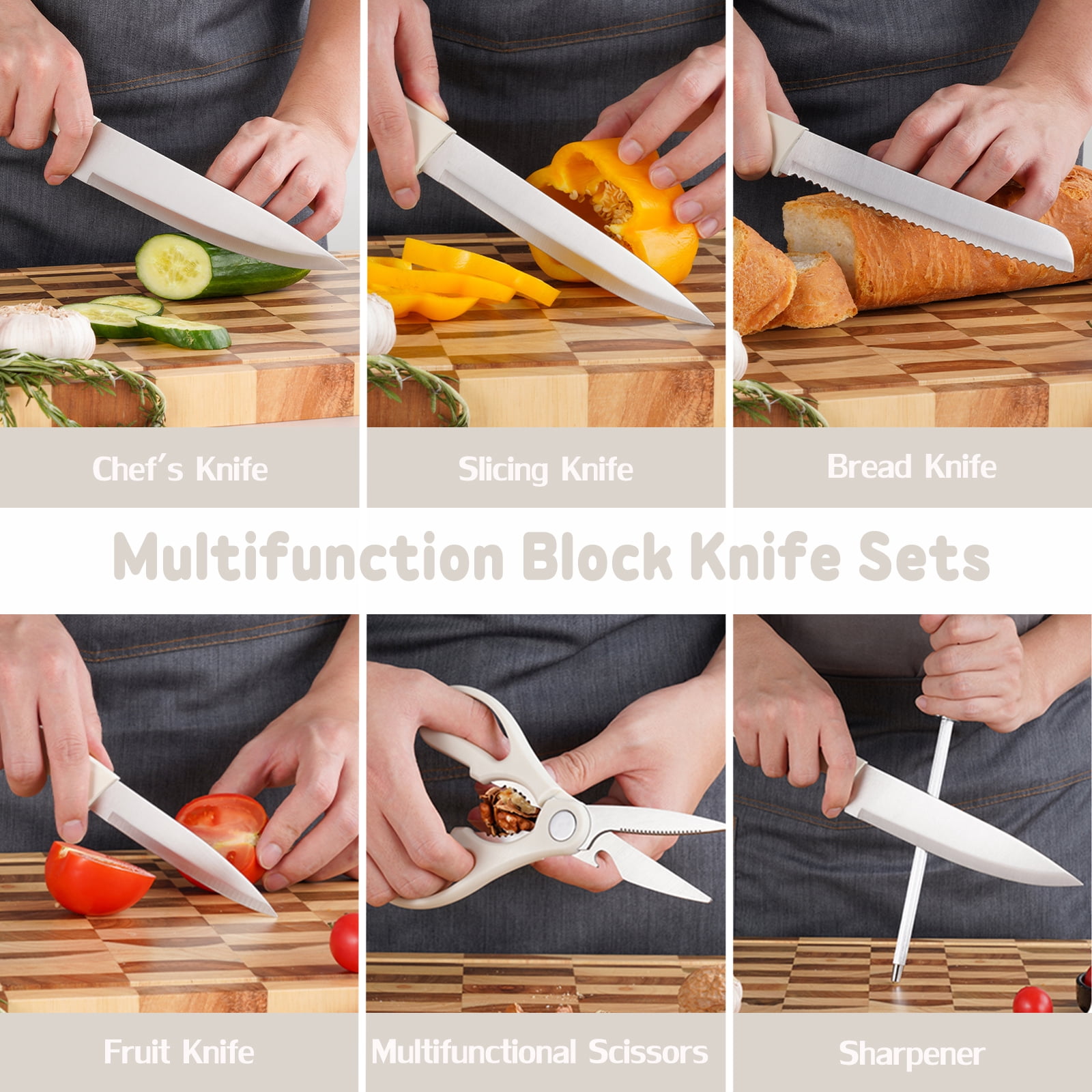 Kitchen Knife Block Set, 14-Piece Knife Set with Block and Sharpener, Sharp Stainless Steel Chef Knife Set for Kitchen Home Apartment Restaurant, White Knives Set Gifts for Women Mom