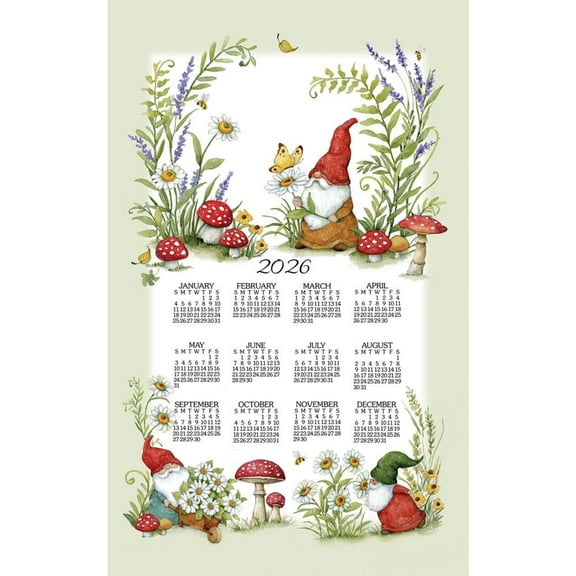 Kay Dee Designs, Garden Gnomes 2026 Calendar Towel, 17.5'' X 27.5'', 12-Month Calendar with Adhesive Binding