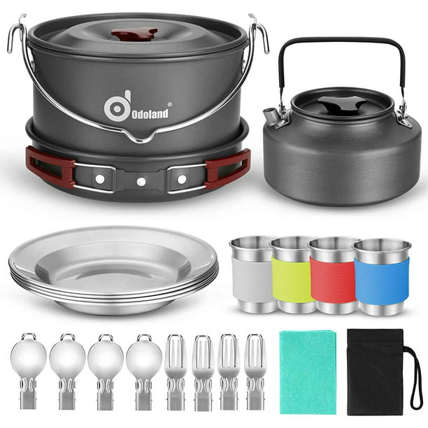 Odoland 22pcs Camping Cookware Mess Kit, Large Size Hanging Pot Pan Kettle  with Base Cook Set for 4, Cups Dishes Forks Spoons Kit for Outdoor Camping  