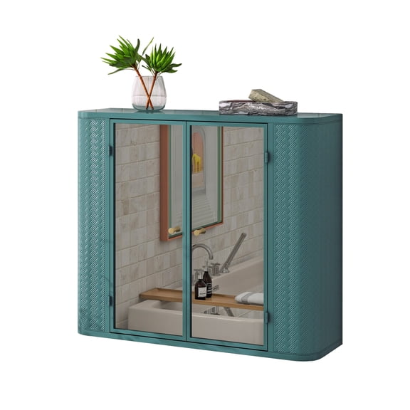 Army Green Bathroom Cabinet - Wall-Mounted Mirror Storage with 2 Doors & Open Shelf - Farmhouse Metal Frame for Vanity/Toilet