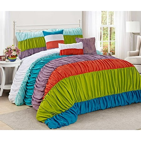 7 Piece Celene Colorful Stripe Ruffled Clearance Bedding Comforter